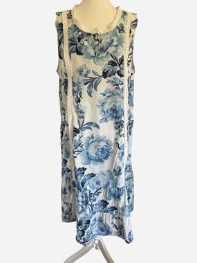 Soft Surroundings Blue Floral Cotton Summer Sleeveless Light Midi Dress-Sz-L